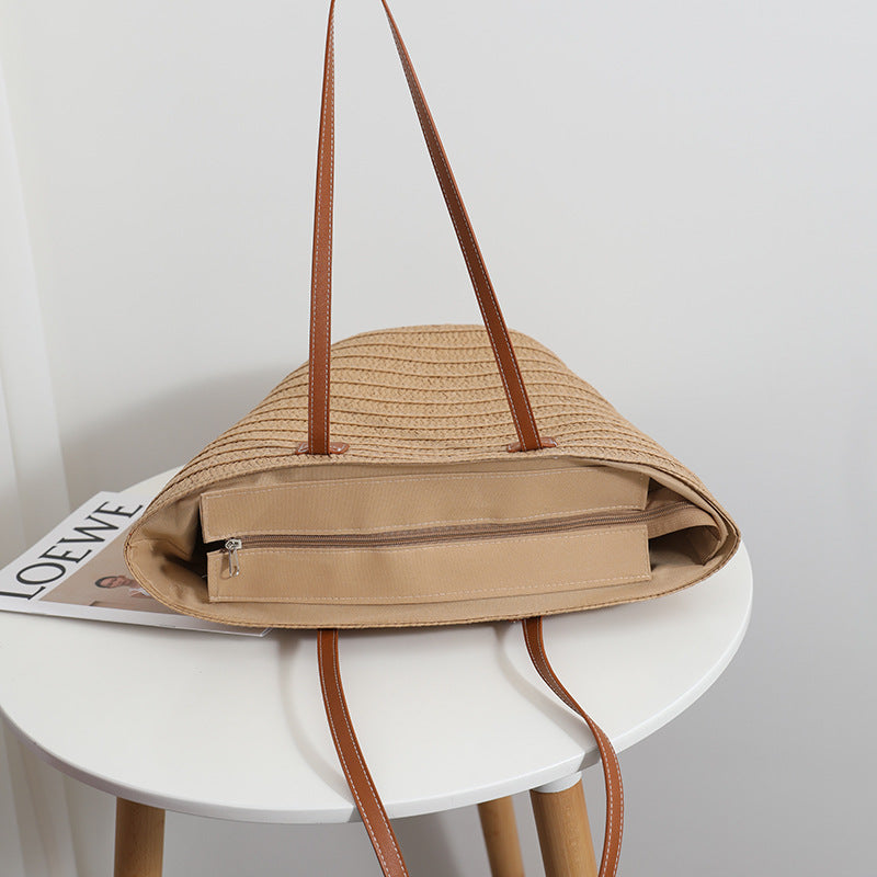 Sac à bandoulière en paille simple grande capacité, sac en paille tissé, sac fourre-tout, sac de plage pour femme pour les vacances à la mer