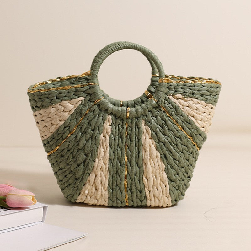 Sac fourre-tout tissé en paille, grand format, fil de soie doré, portable, pour légumes, panier de plage, à main