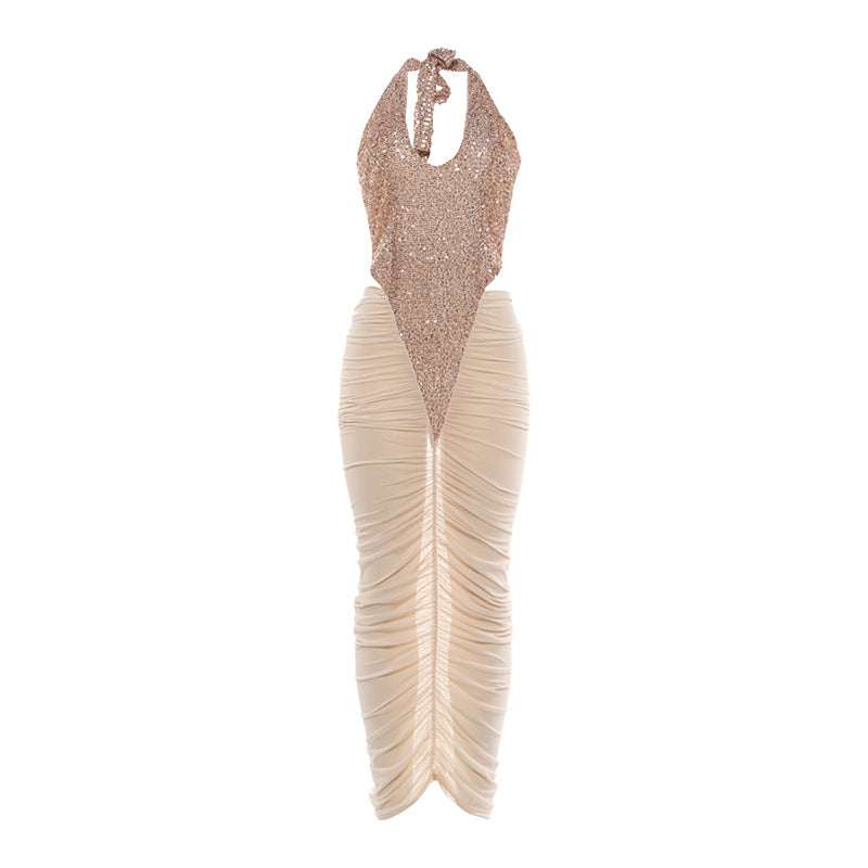 Herbst Winter Damenbekleidung Modisches Pailletten-Patchwork Sexy Mesh Transparenz Rüschenhüftkleid