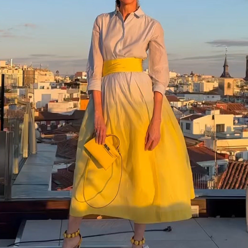 Robe-chemise ample à manches longues avec dégradé et lacets pour femme automne