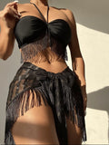 Quasten Bandeau Sling Mesh dreiteiliger Badeanzug Bikini