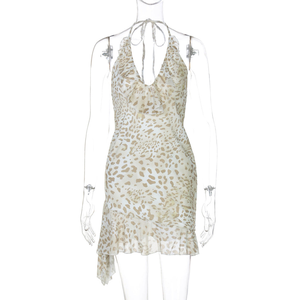 Robe Femme Bretelle Col Licou Imprimé Léopard Sexy Moulante Décolleté Plongeant Col V Profond Effet Oreilles de Bois pour l'été