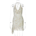 Robe Femme Bretelle Col Licou Imprimé Léopard Sexy Moulante Décolleté Plongeant Col V Profond Effet Oreilles de Bois pour l'été