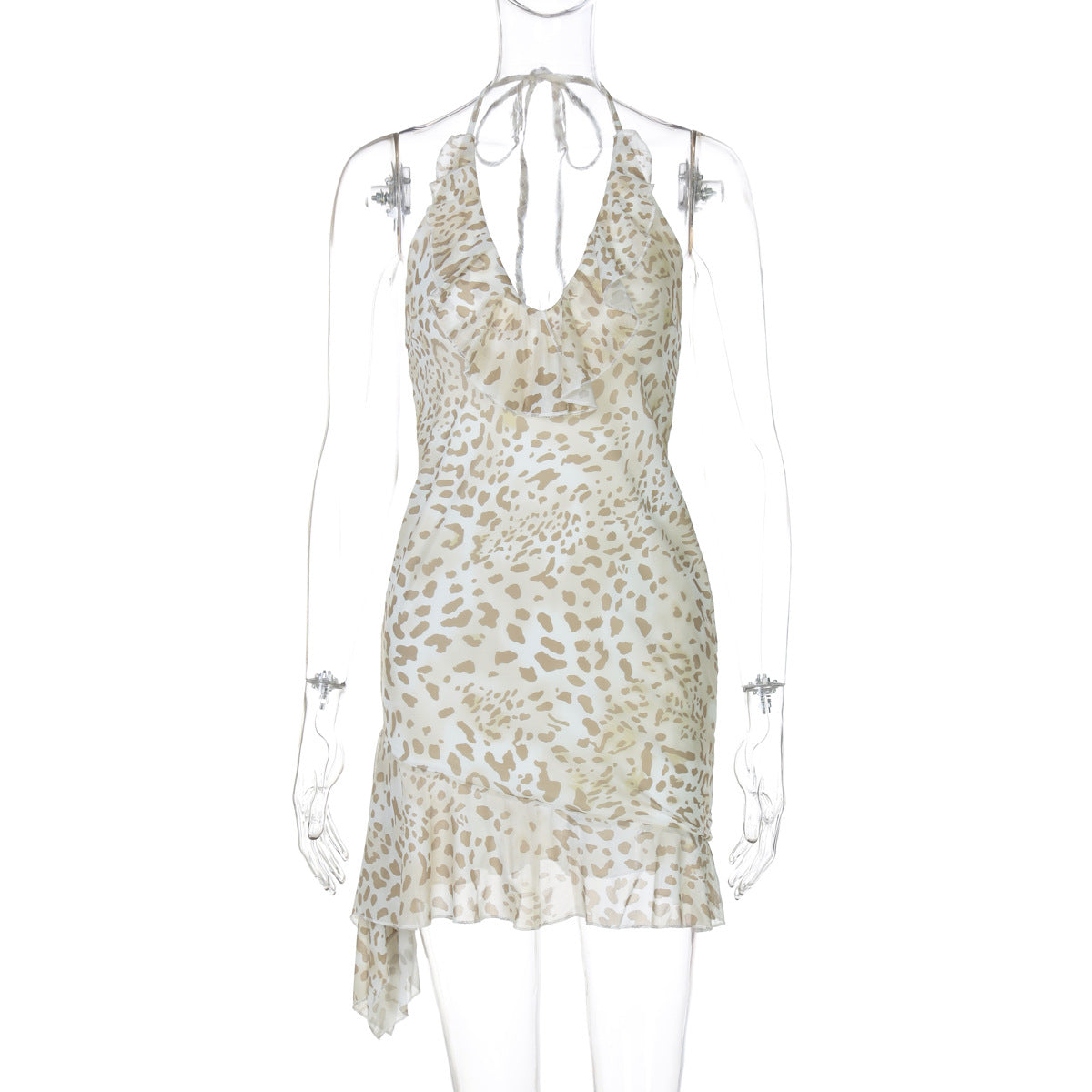 Robe Femme Bretelle Col Licou Imprimé Léopard Sexy Moulante Décolleté Plongeant Col V Profond Effet Oreilles de Bois pour l'été