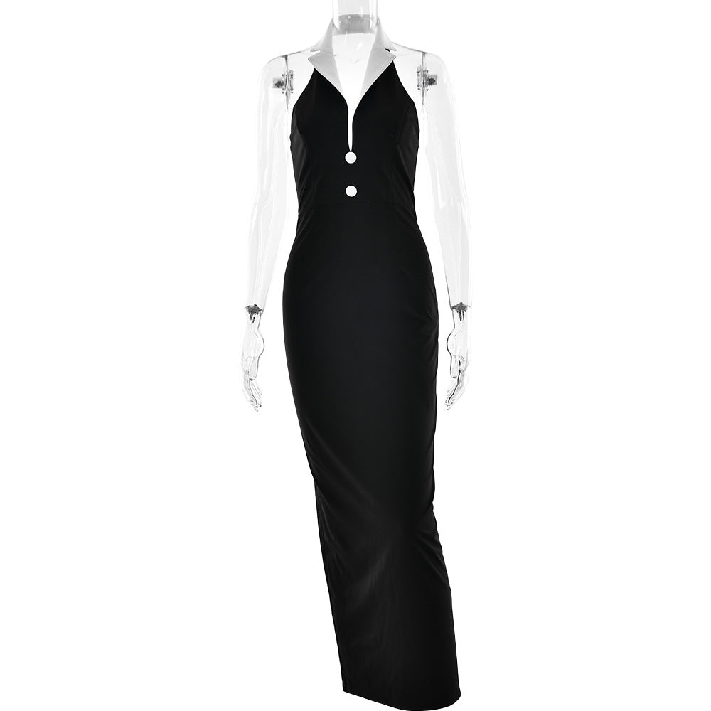 Robe élégante Printemps-Été Col V Dos Nu Fendue Amincissante