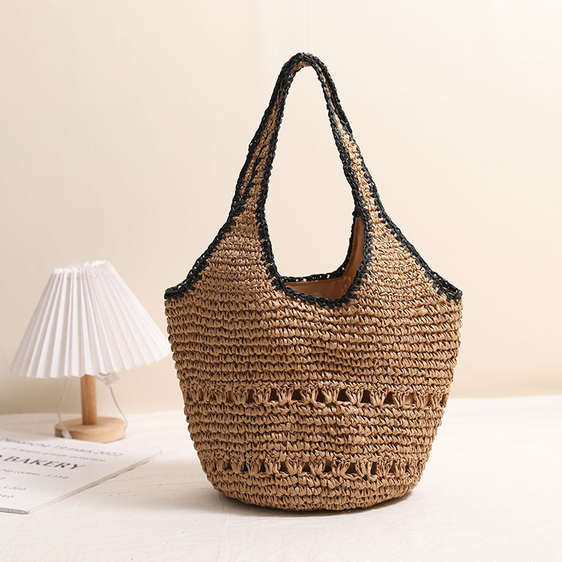Große Strohtasche mit Schulterriemen, legere, ausgehöhlte, tragbare Strohtasche, gewebte Tasche, Damen-Strandtasche für den Urlaub