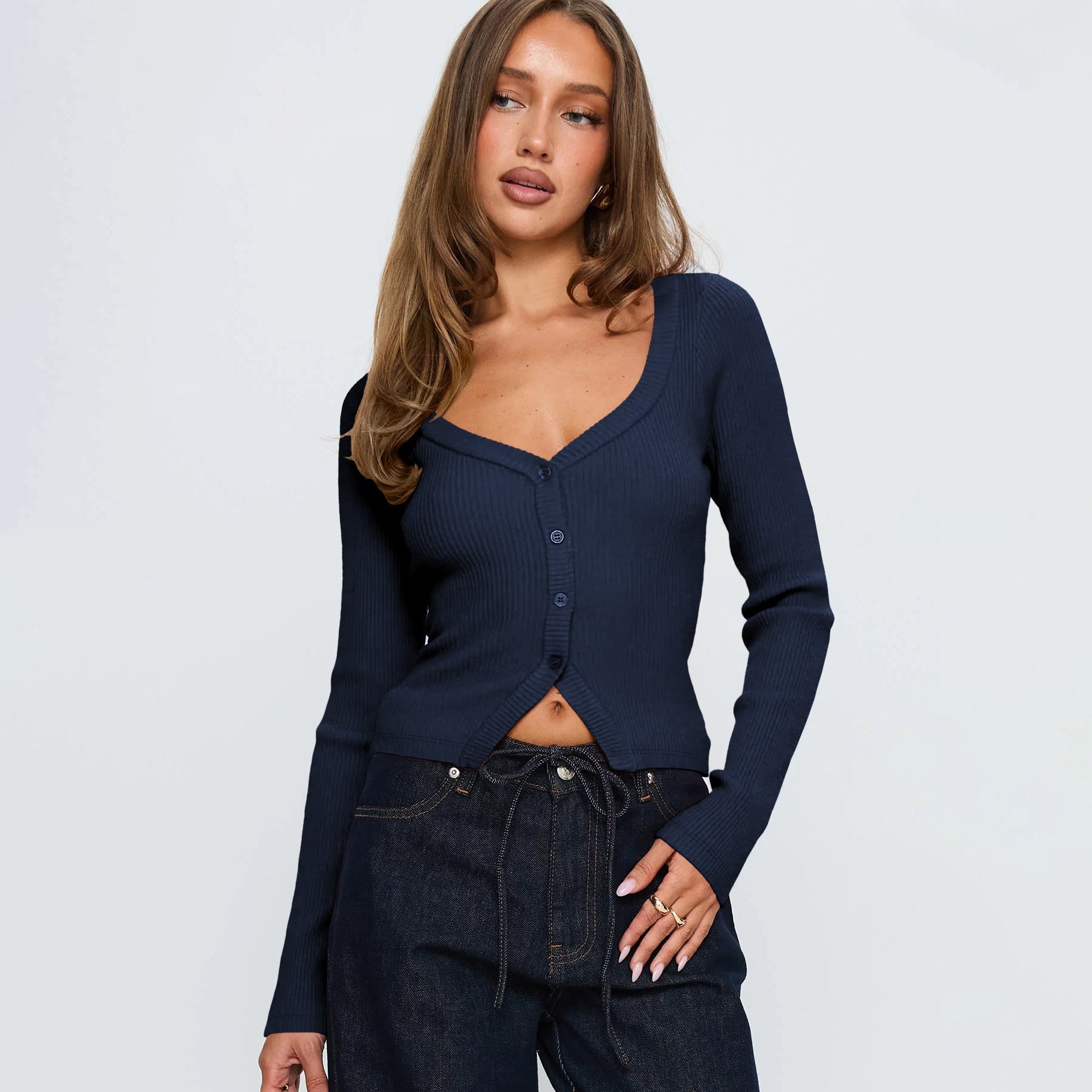 Damen Herbst Winter V-Ausschnitt Langarm Rippstrick Knopf Cardigan Schmale Passform