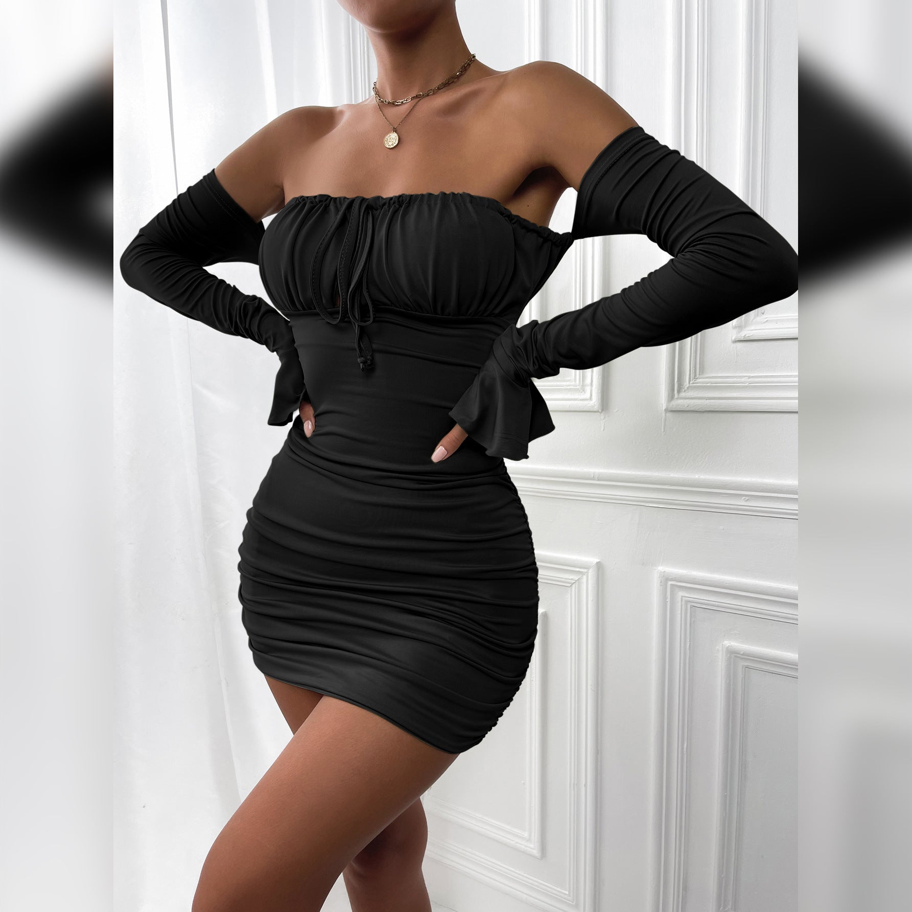 Damen Kleidung Frühling Herbst Sexy Brustwickelkleid Brust Schnürung Plissiert Glockenärmel Hüfte