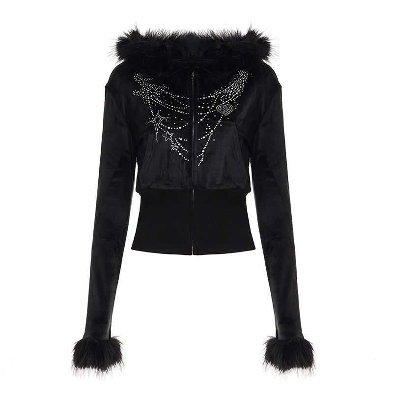 Herbst Winter Freizeit Flauschig Langärmliger Reißverschluss-Pullover Mantel Buchstaben-Grafik Strass-Jogginghose Zweiteilige Sets