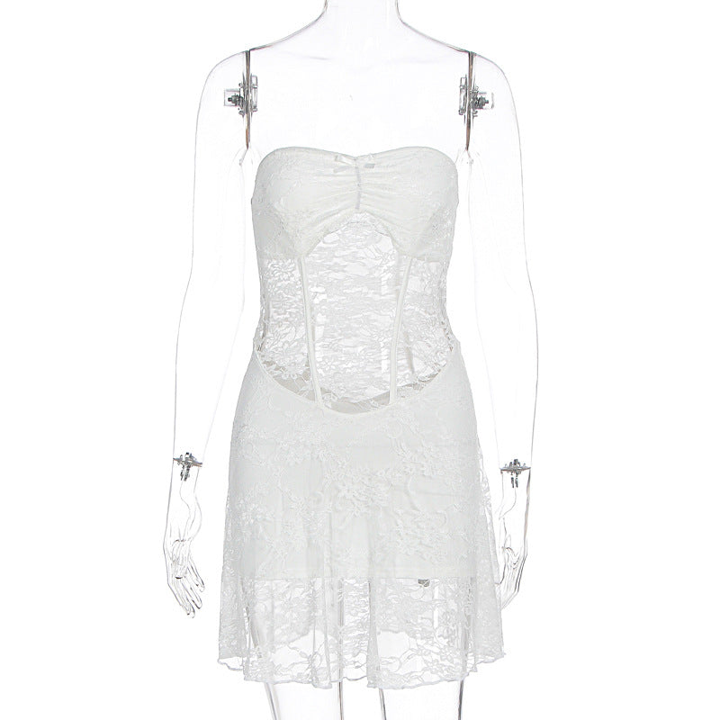 Sommer Damen Sexy Spitzen-Tube-Top, schmal geschnittenes, transparentes Kleid