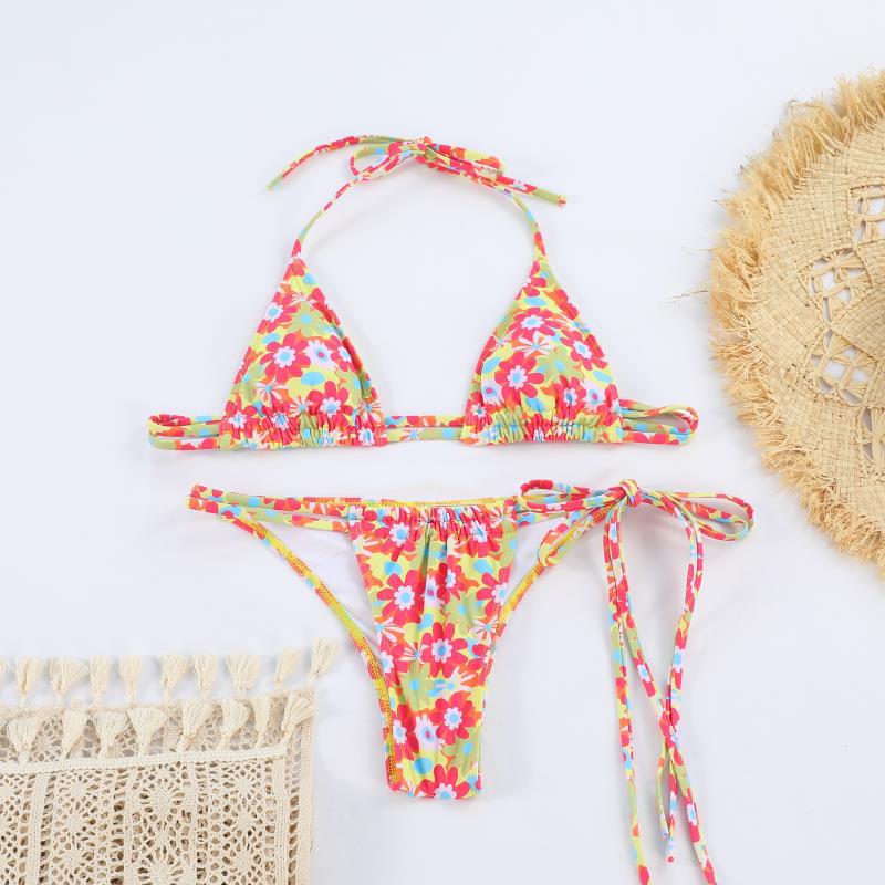 Träger-Split-Badeanzug Damen bedruckt sexy Bändchen-Bikini