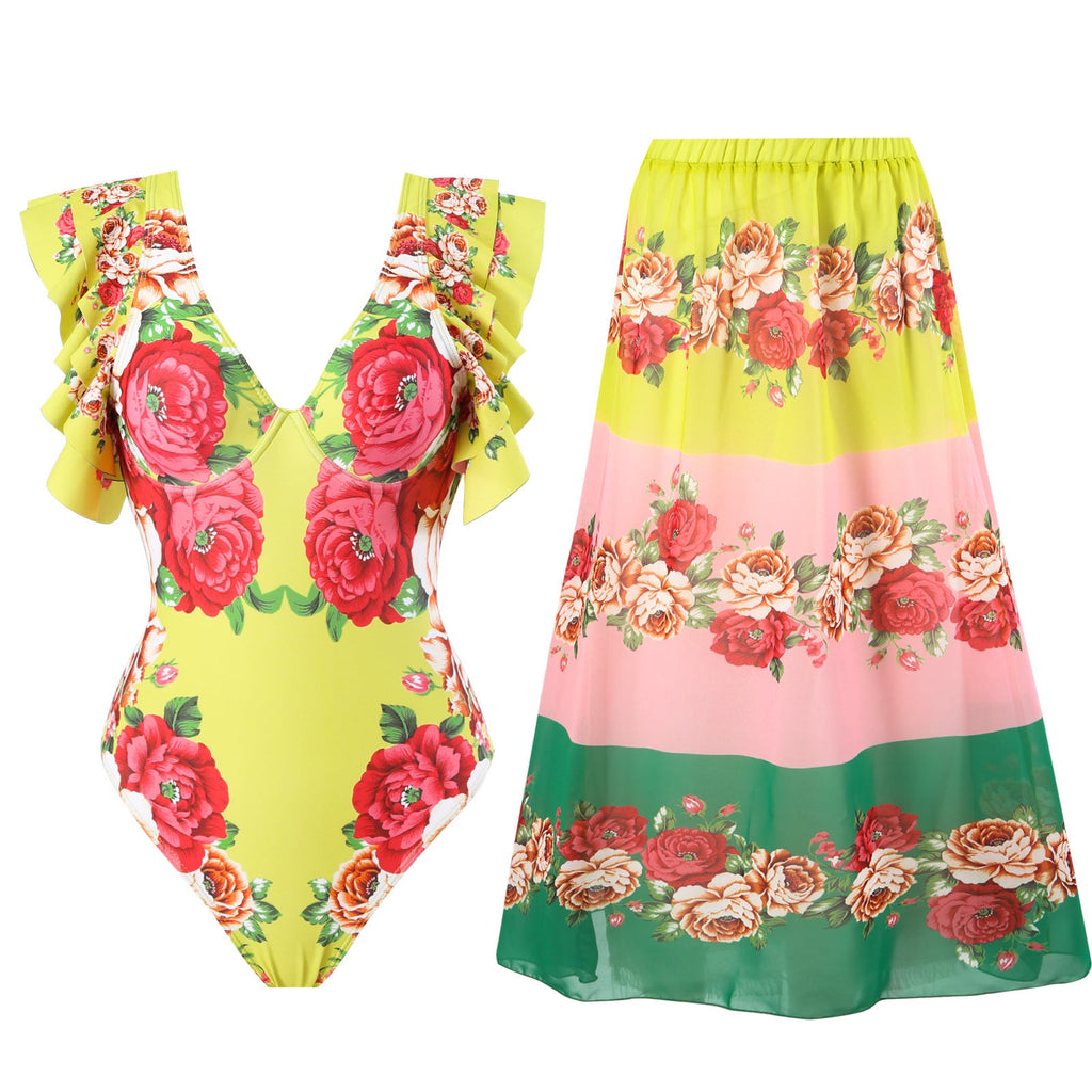 Frühlings-sexy-Badeanzug Damen Konservativer warmer bedruckter Badeanzug mit Wickelrock-Set