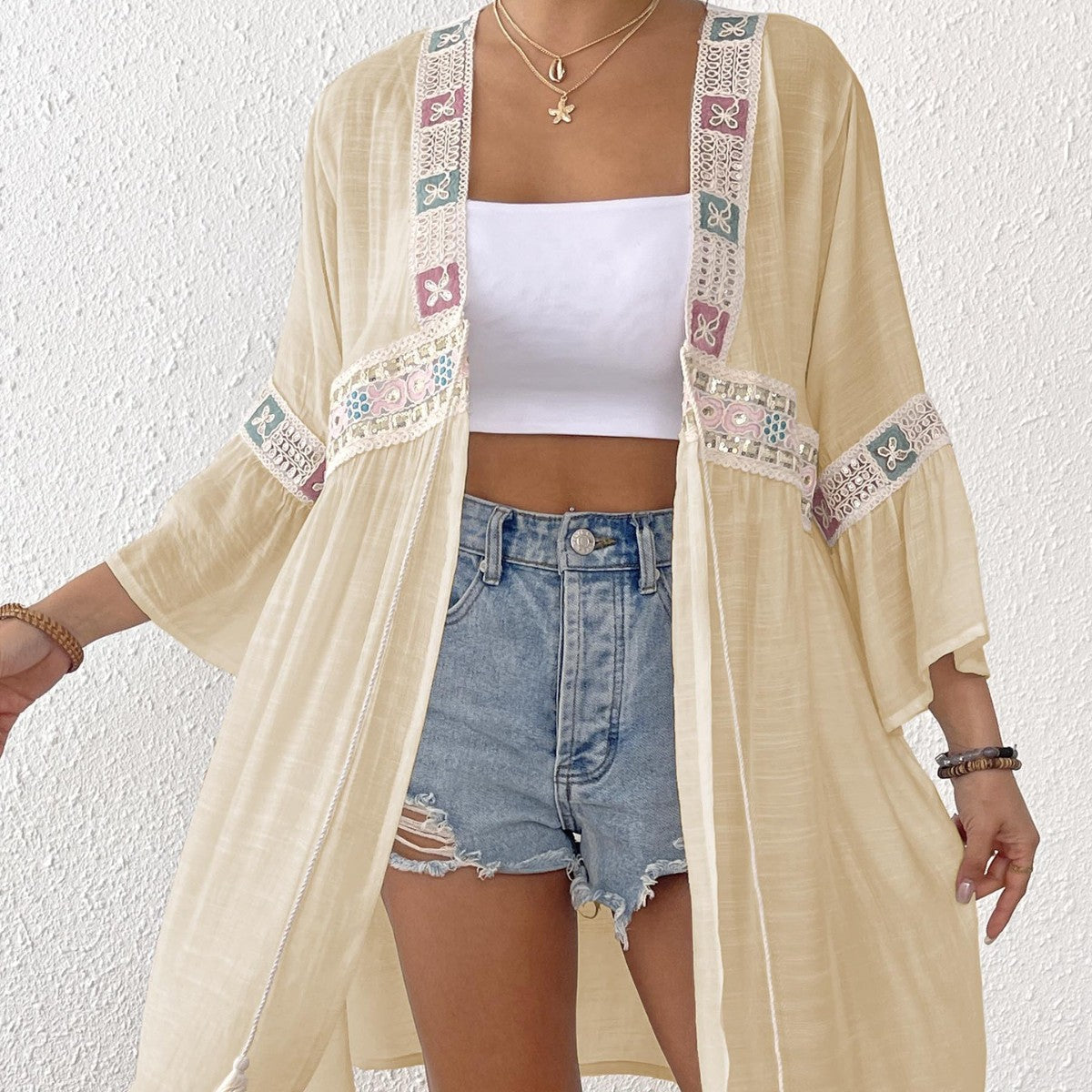 Cardigan Femme Nœud Vêtements Femme Paillettes Broderie Dentelle Patchwork Plage Cache-maillot