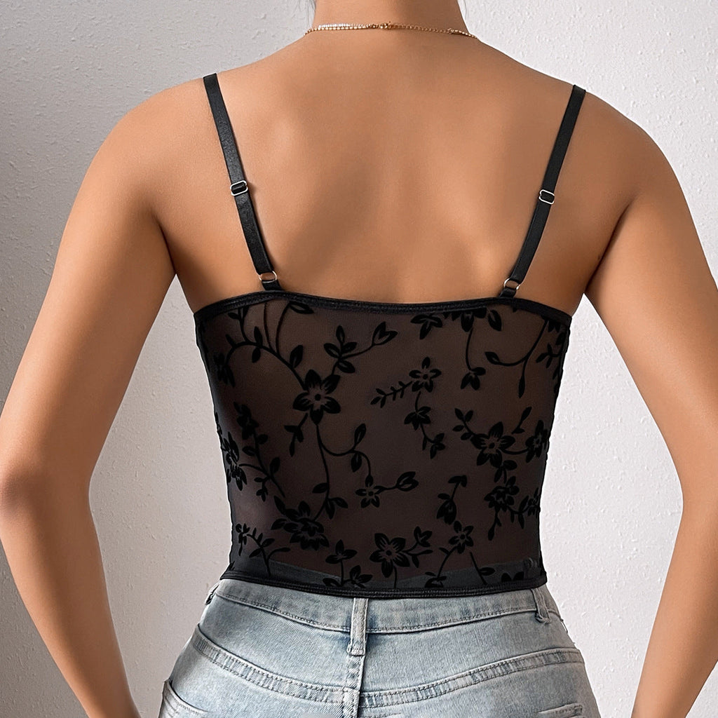 Damen Sexy tief ausgeschnittenes, durchsichtiges Sling-Stitching-Mesh-Boning-Korsett, kurze Top Damen