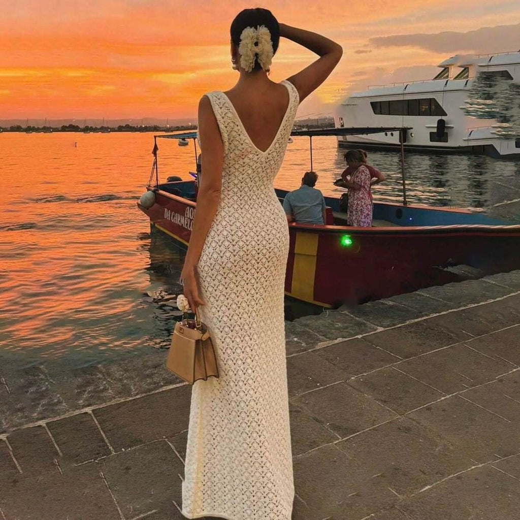 Robe d'été sexy sans manches creuse en maille, robe de plage ajourée, dos nu de haute qualité pour femme
