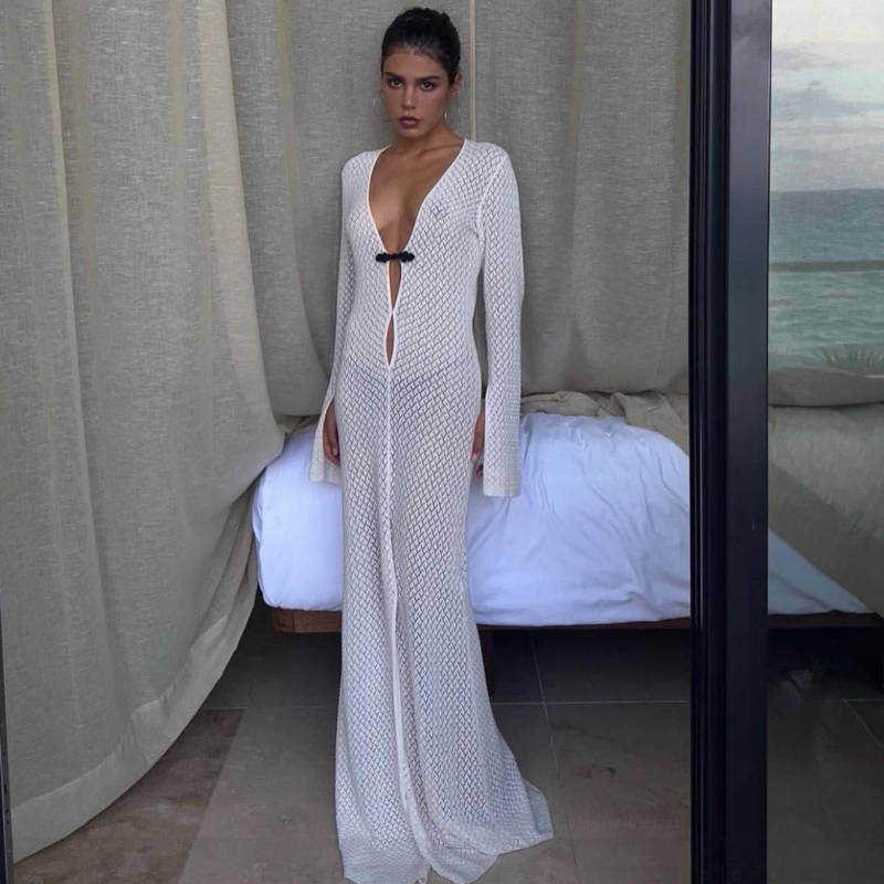 Robe de plage transparente évidée et découpée, col en V, longue, sirène, robe de soirée pour femme