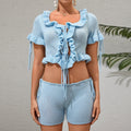 Frühling Sommer Lässiges Rüschen-Schnür-Set mit sexy Taillenausschnitt, Cut-Outs und kurzen Ärmeln