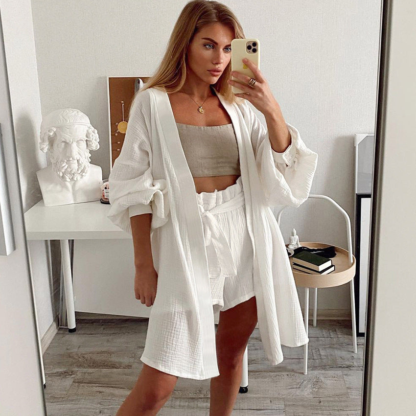 Automne Pur Coton Manches Longues Robe de Nuit Shorts Deux Pièces Ensembles Pyjamas Doux Vêtements d'Extérieur Vêtements d'Intérieur Femmes
