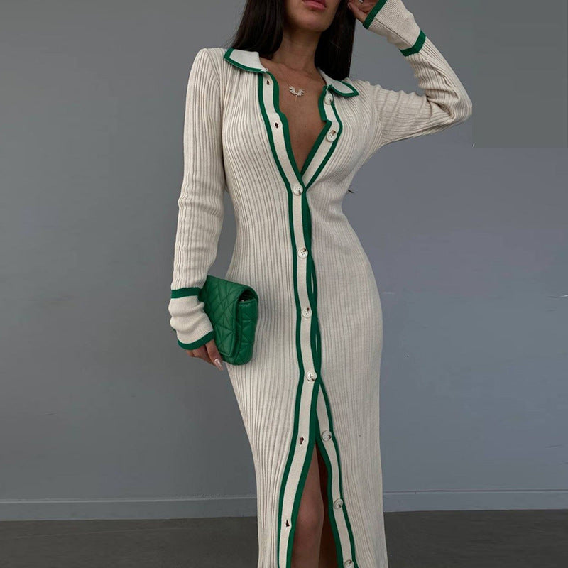 Schlankes, langärmeliges Patchwork-Strickkleid für Damen mit Kragen