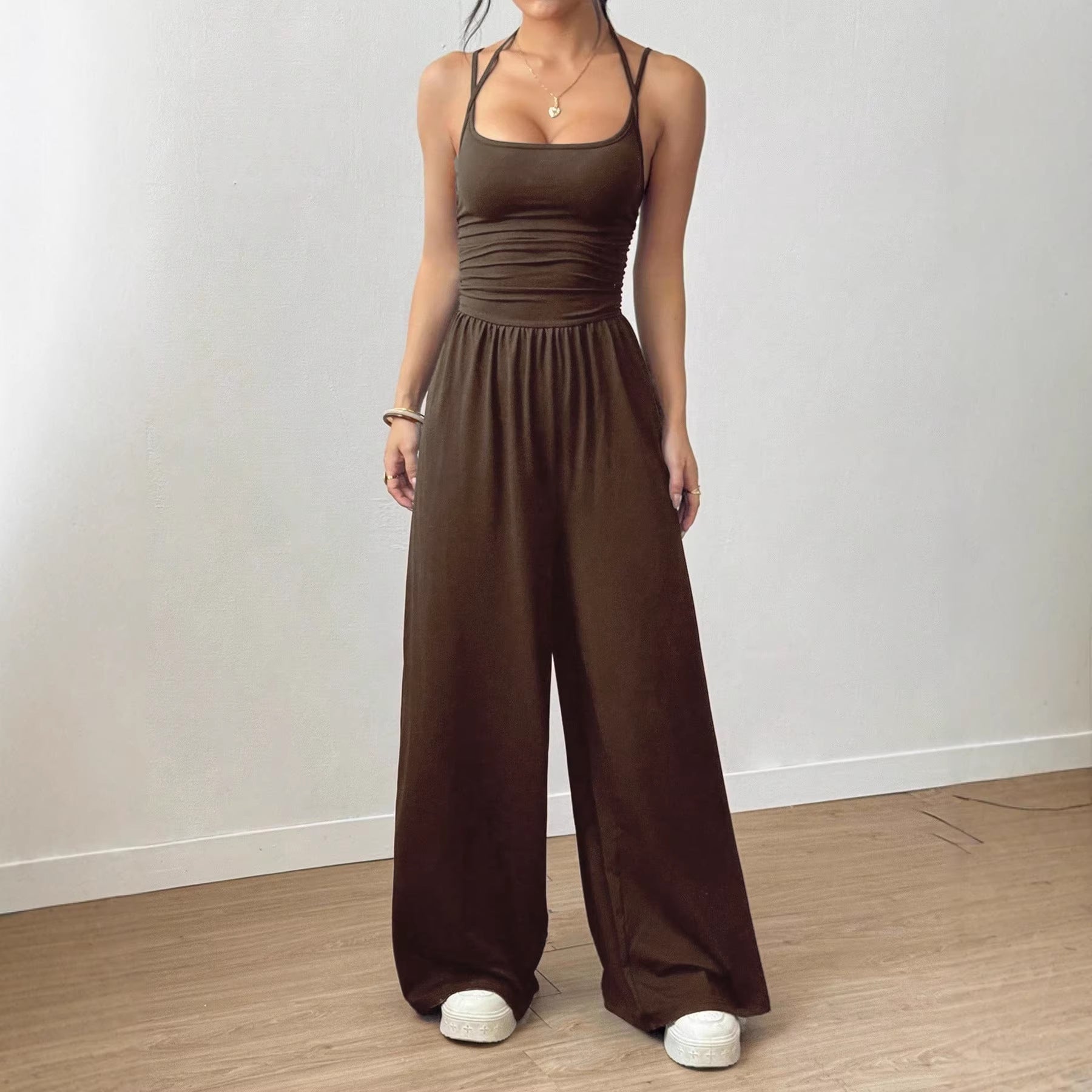 Damen Latzhose Casual Sommer Weites Bein Locker Wickel-Brust Tailliert Jumpsuit