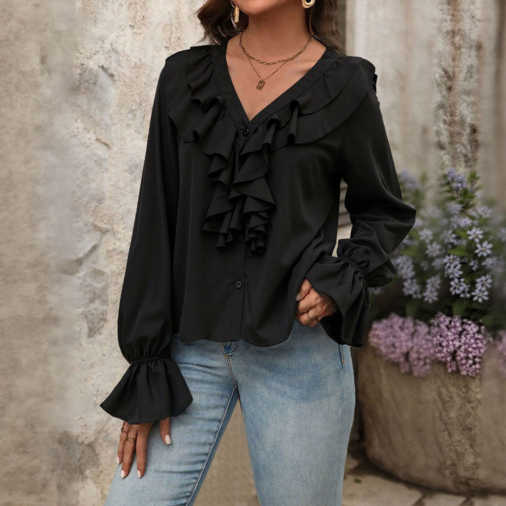 Chemisier Élégant à Volants Col en V pour Femme, Collection Automne