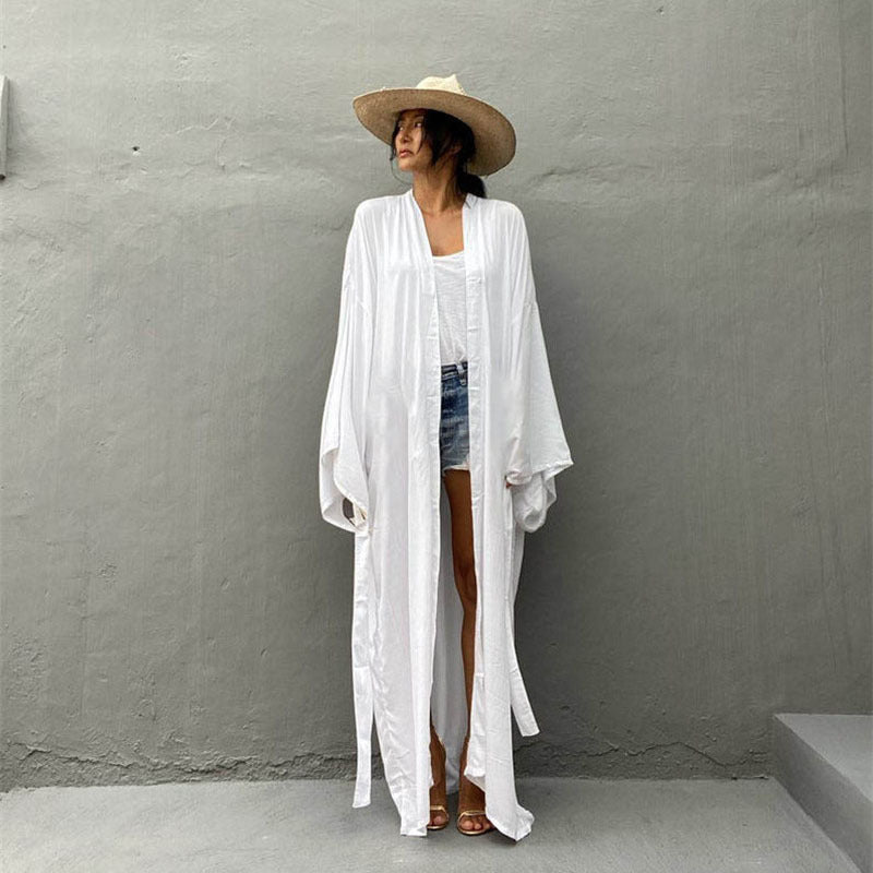 Gilet long de plage sexy avec ceinture, manches longues