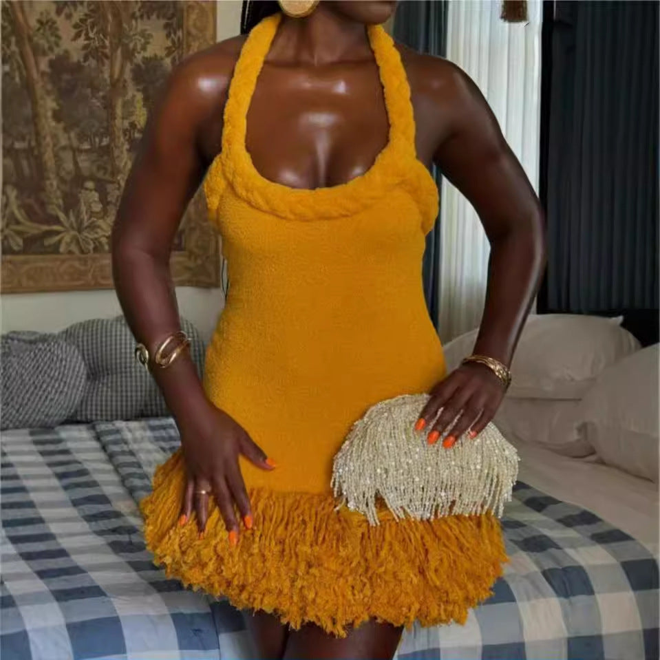 Robe courte balançoire à pompons avec bretelles en corde torsadée tissée à la main Automne Hiver