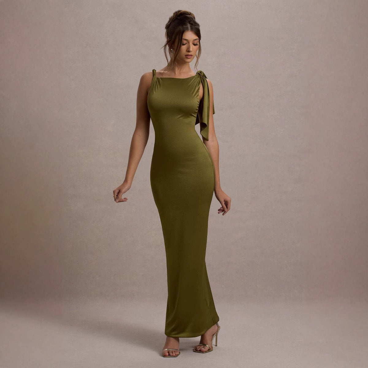 Damen Sommer Single Shoulder Schleifenkleid in Unifarben