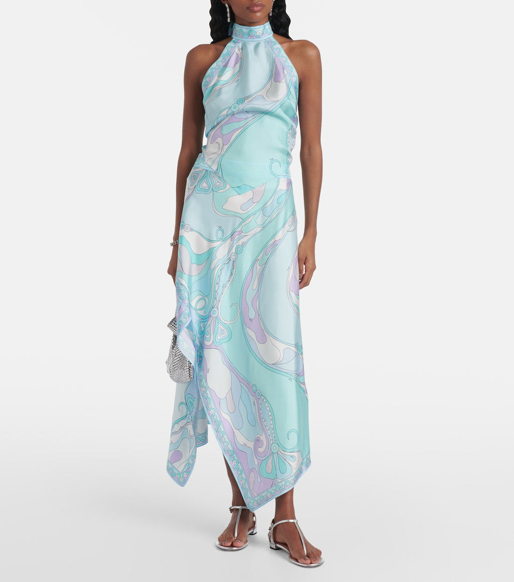 Ensembles Deux Pièces Jupe Asymétrique Irrégulière et Top Cache-Cœur Dos Nu en Satin Imprimé