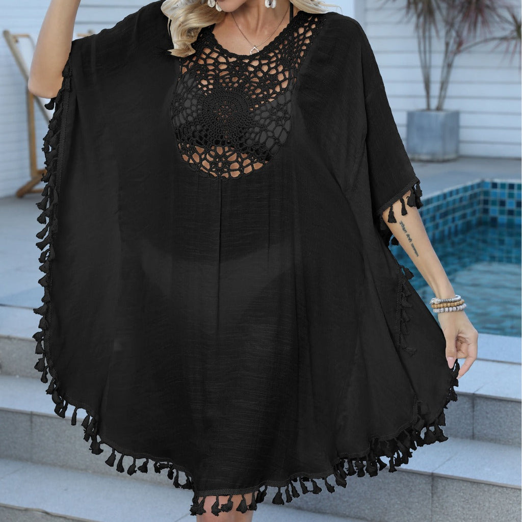 Chemisier de vacances à la plage pour femme, vêtement, chemisier-robe de plage en crochet avec pompons
