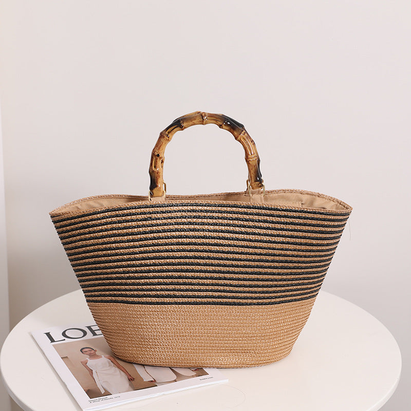 Sac en paille en bambou à rayures grande capacité pour femmes, sac fourre-tout tissé à main, panier à légumes