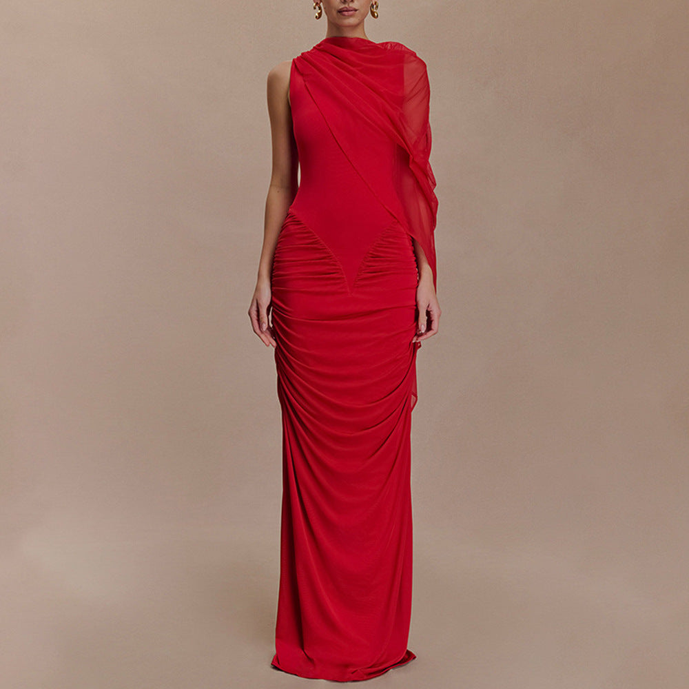 Modisches plissiertes Netz-Schal-Kleid, sexy Etui-Rundhals-Kleid, figurbetont