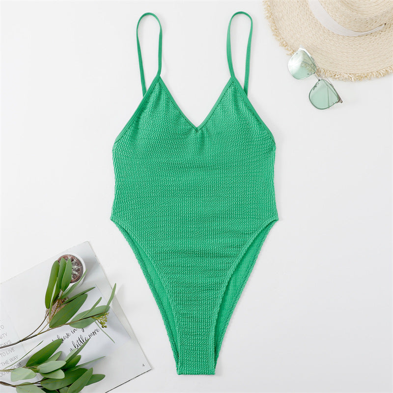 Tiefer V-Ausschnitt Plunge Bikini Sexy Bademode Unifarben Falten Champray Bikini
