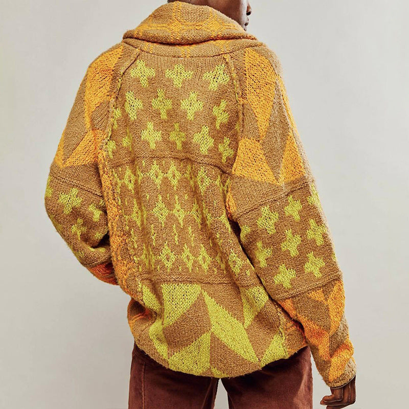 Pull tricoté ample à col et manches longues avec imprimé abstrait Automne Hiver pour femme