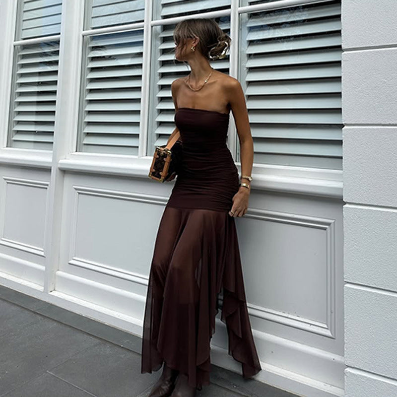 Robe Femme Printemps Sexy Bustier Épaules Dénudées Maille Couture