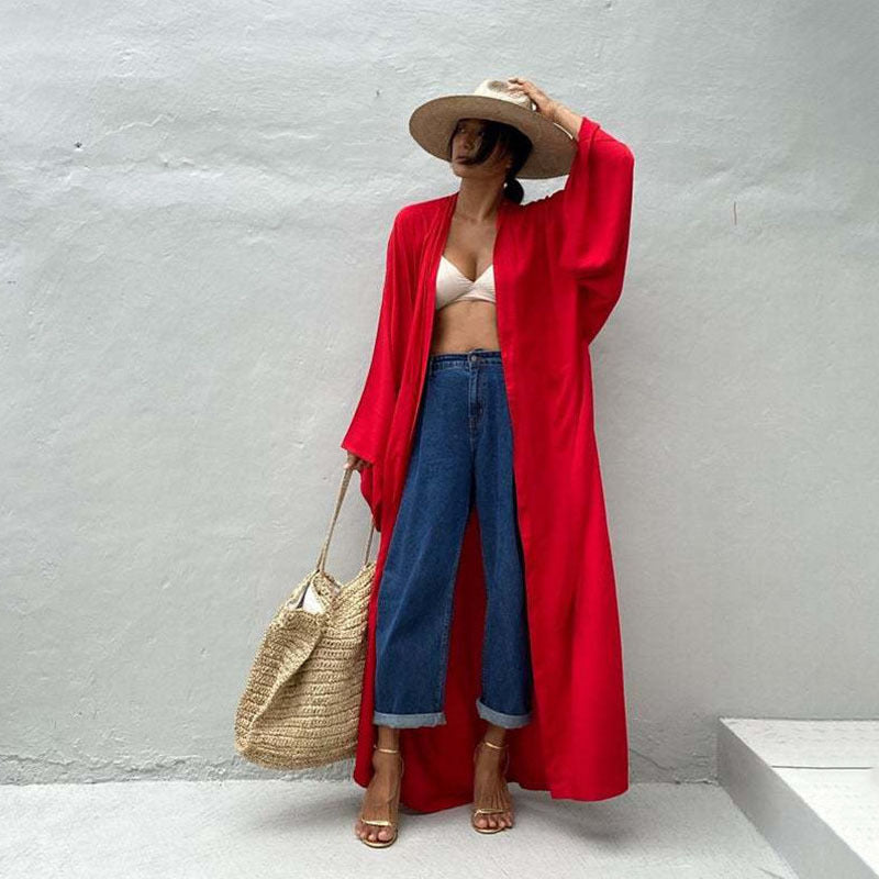 Gilet long de plage sexy avec ceinture, manches longues