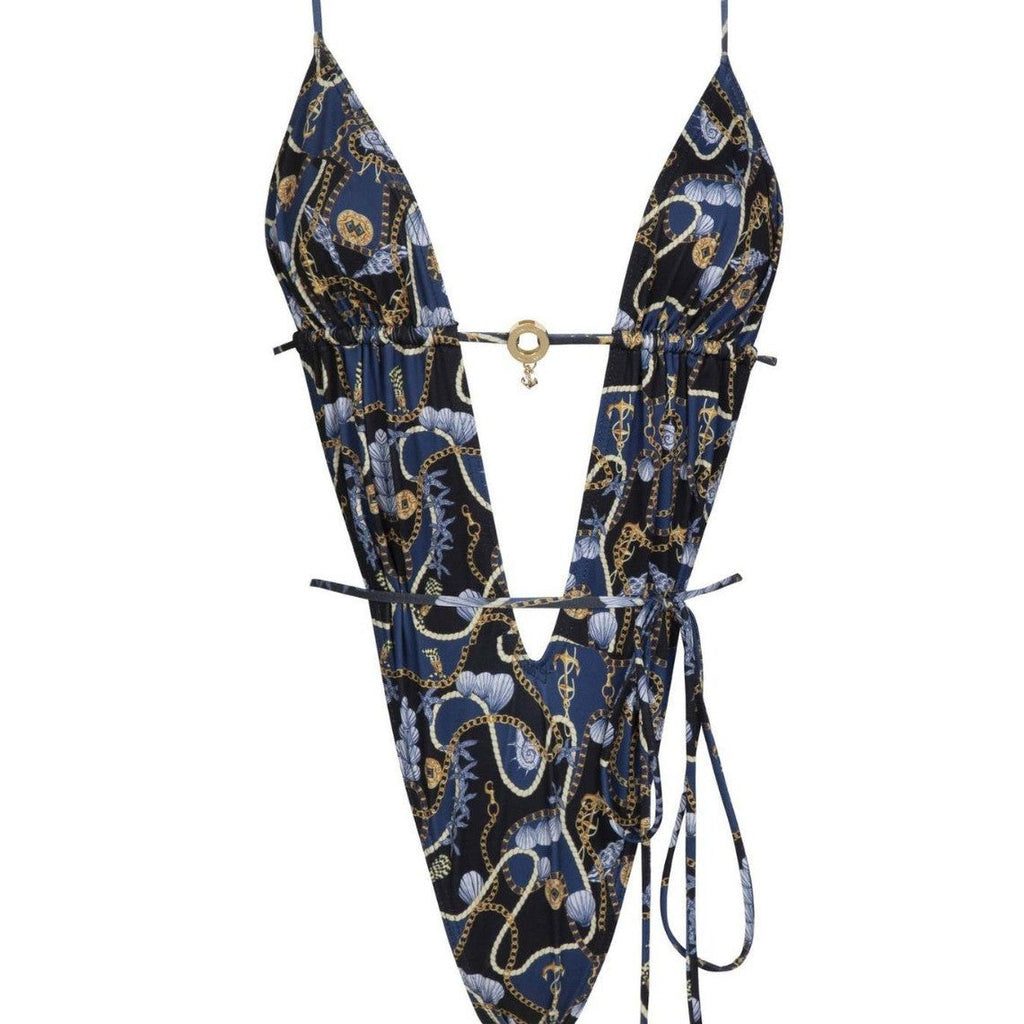Maillot de bain une pièce sexy à col en V plongeant pour femmes, imprimé, lacets au dos, sans dos, pour l'été