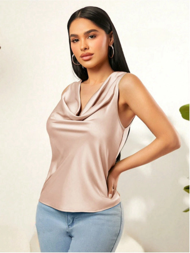 Sommer Satin Stapelkragen Einfarbige Ärmellose Weste Damen Ärmellose Bluse
