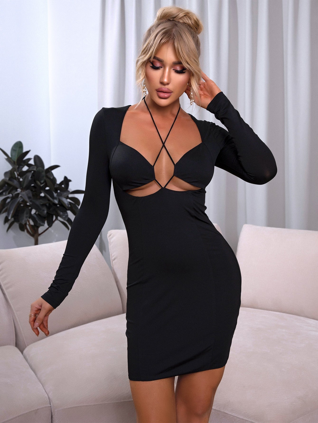 Robe Fourreau Sexy à Col Montant et Manches Longues pour Femme Automne Hiver