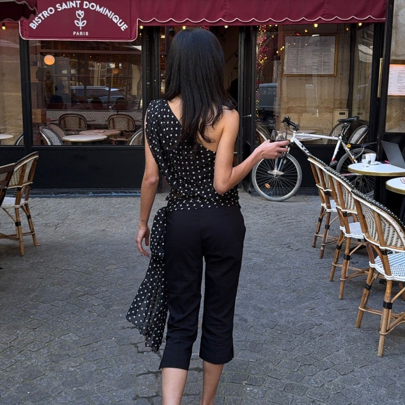 Damenbekleidung Sommer Sexy Carmen-Ausschnitt Tupfen Chiffon Durchsichtig Unregelmäßiges Asymmetrisches Top Damen