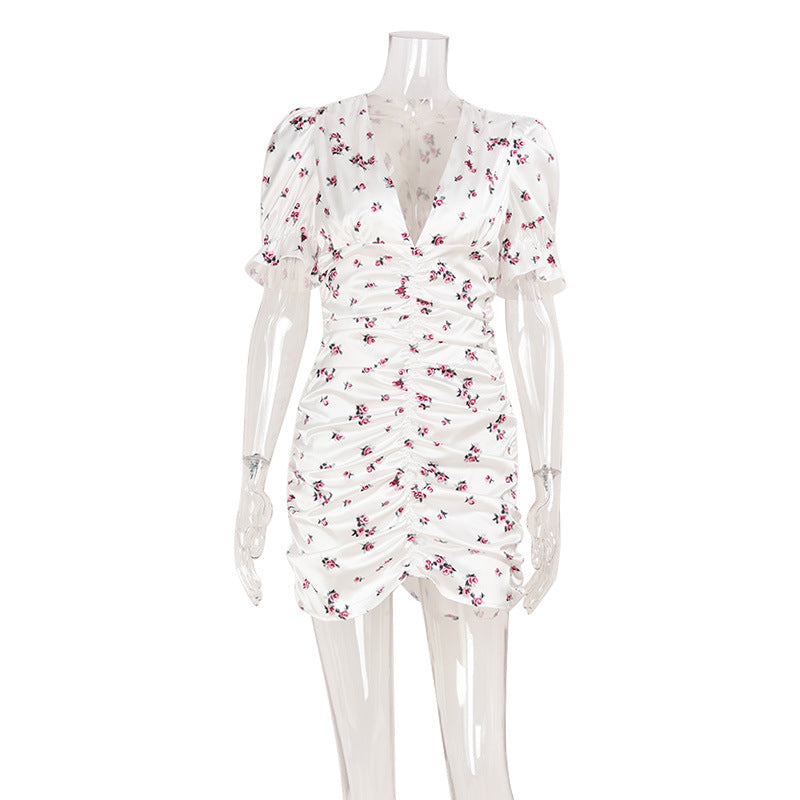 Robe courte florale sexy à col en V et manches bouffantes pour femmes
