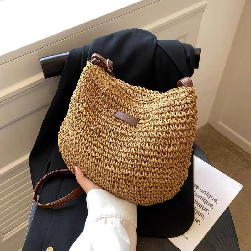 Sac bandoulière en paille simple sac à bandoulière en paille tissé sac de plage vacances sac femme assorti à tout