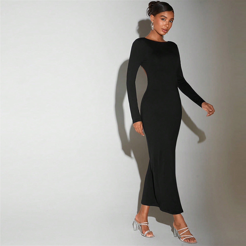Robe de soirée élégante automne hiver, col rond, dos nu, mi-longue