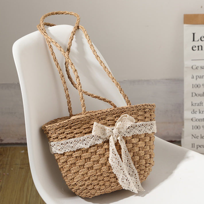 Sac en paille, nœud en dentelle, sac tissé, sac féerique pour vacances à la mer, sac de plage, sac pour femme