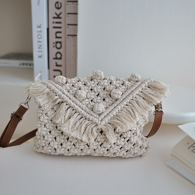 Beanie Umhängetasche Baumwollfaden gewebte Tasche Damen Quastentasche Cover Schulter Strohtasche Urlaub Strandtasche