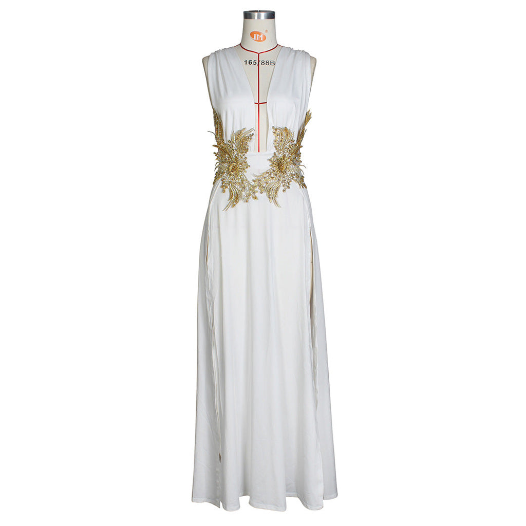 Neues Damen Maxikleid Sexy Mode Hochzeitsabendkleid Tiefer V-Ausschnitt Hoher Schlitz Großes Schwingendes Mop-Kleid