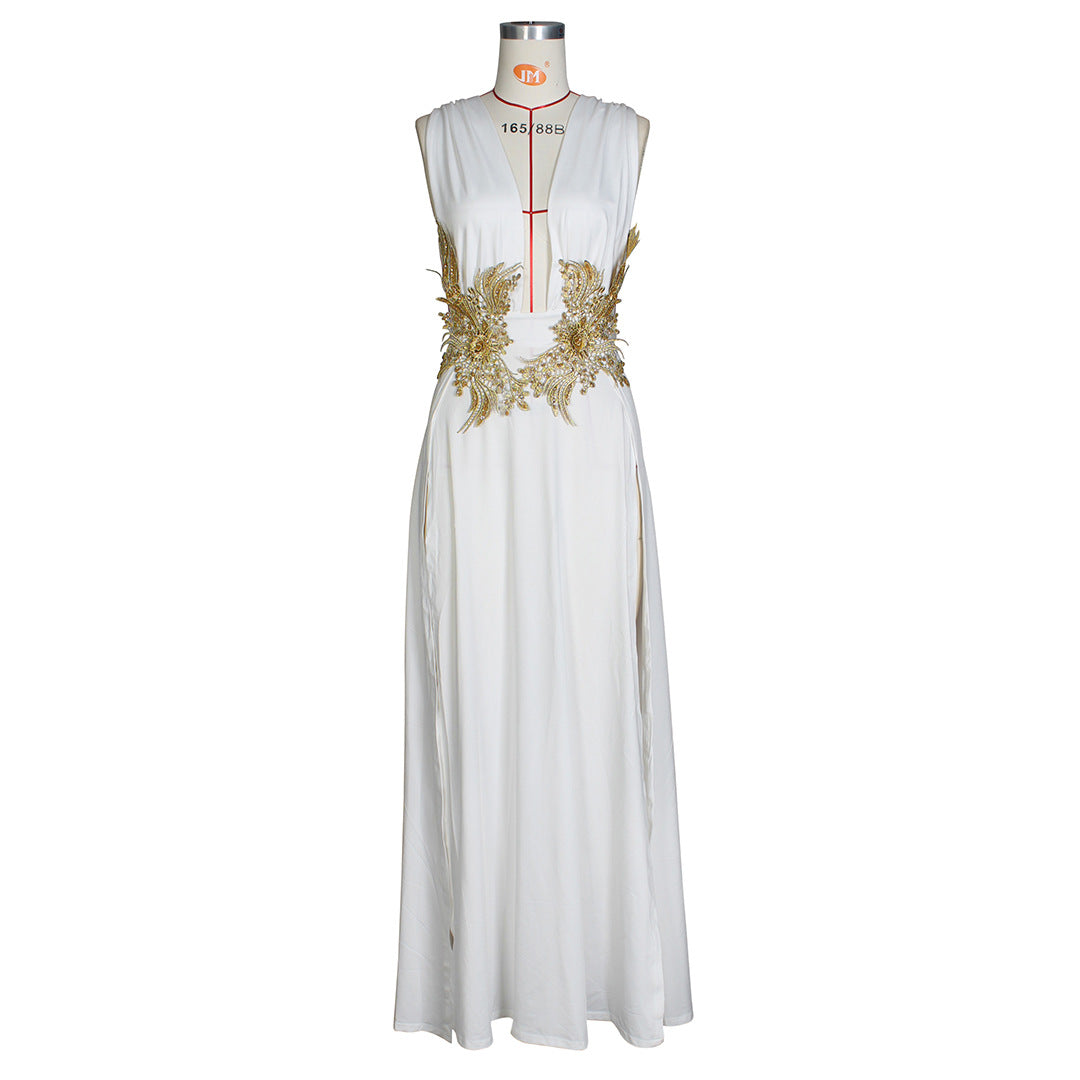 Neues Damen Maxikleid Sexy Mode Hochzeitsabendkleid Tiefer V-Ausschnitt Hoher Schlitz Großes Schwingendes Mop-Kleid
