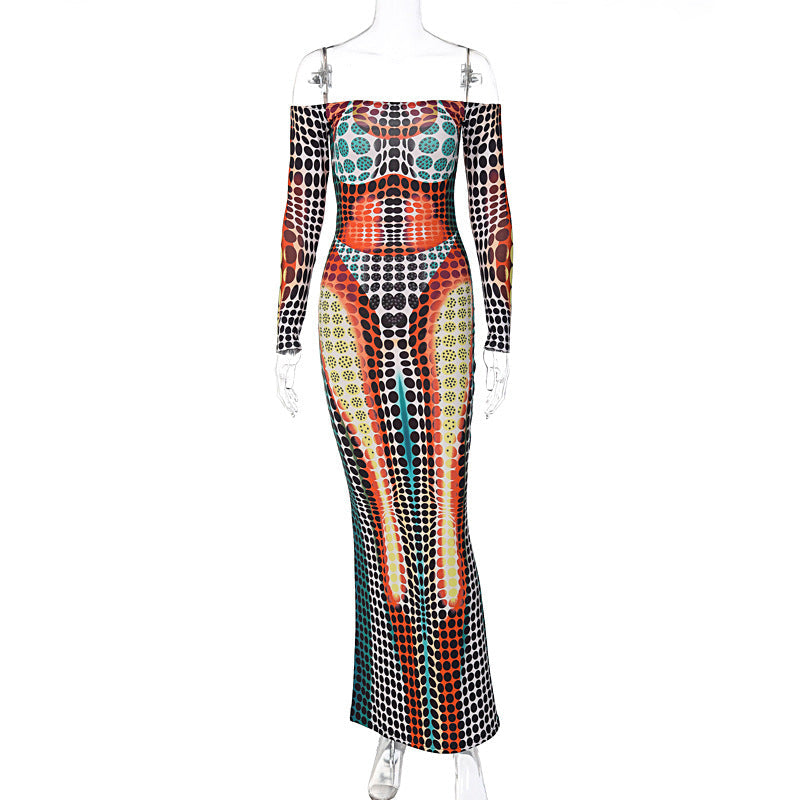 Frühlingskleidung für Damen mit gefälschtem Off-Shoulder-Ausschnitt, langen Ärmeln und schlankem, ausgestelltem Kleid