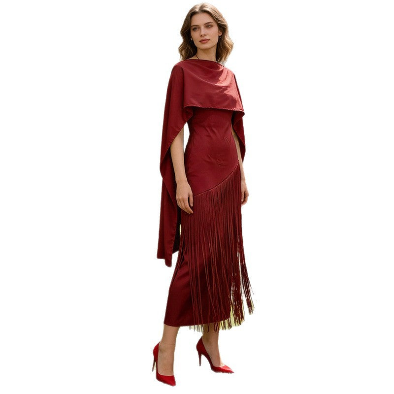 Robe Trapèze Femme Printemps Élégante Rétro Faux Deux Pièces Longue Jupe Châle Design Gland