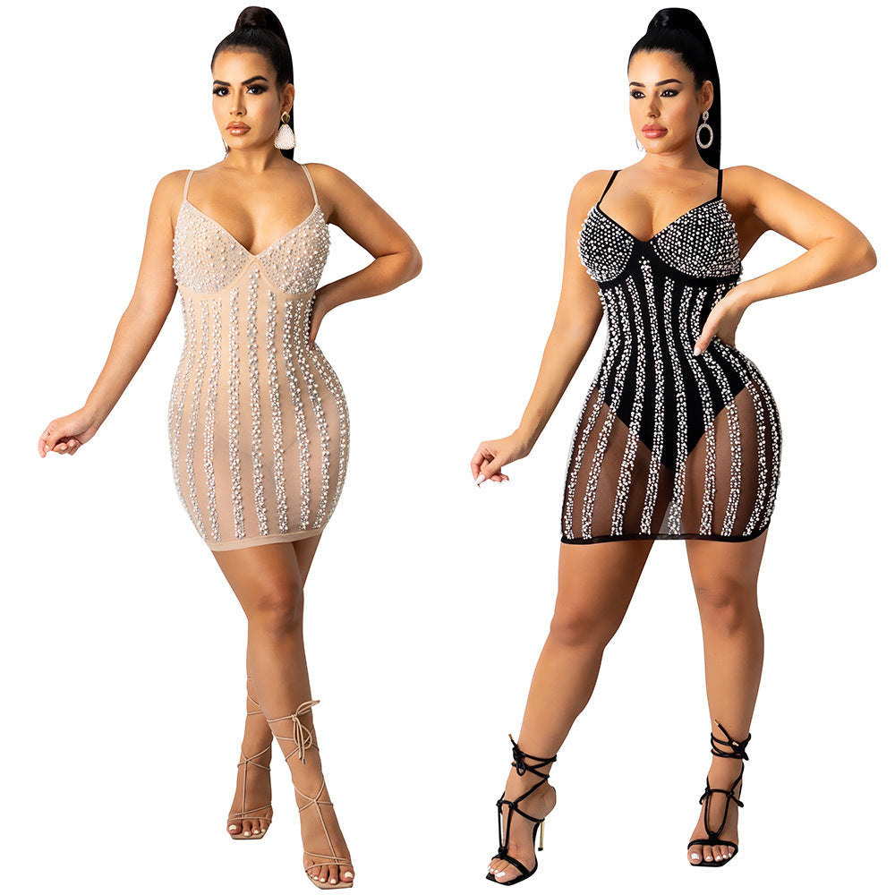 Robe Sexy Transparente à Col en V avec Bretelles, Strass et Perles, Uniformes de Boîte de Nuit, Grande Taille